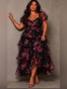 Lulu's Black Floral Tiered Midi Dress with Pink & Burgundy Blooms